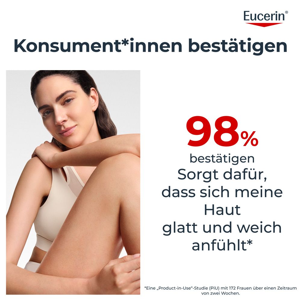 Frau mit glatter, weicher Haut. 98% bestätigen: Sorgt dafür, dass sich meine Haut glatt und weich anfühlt.