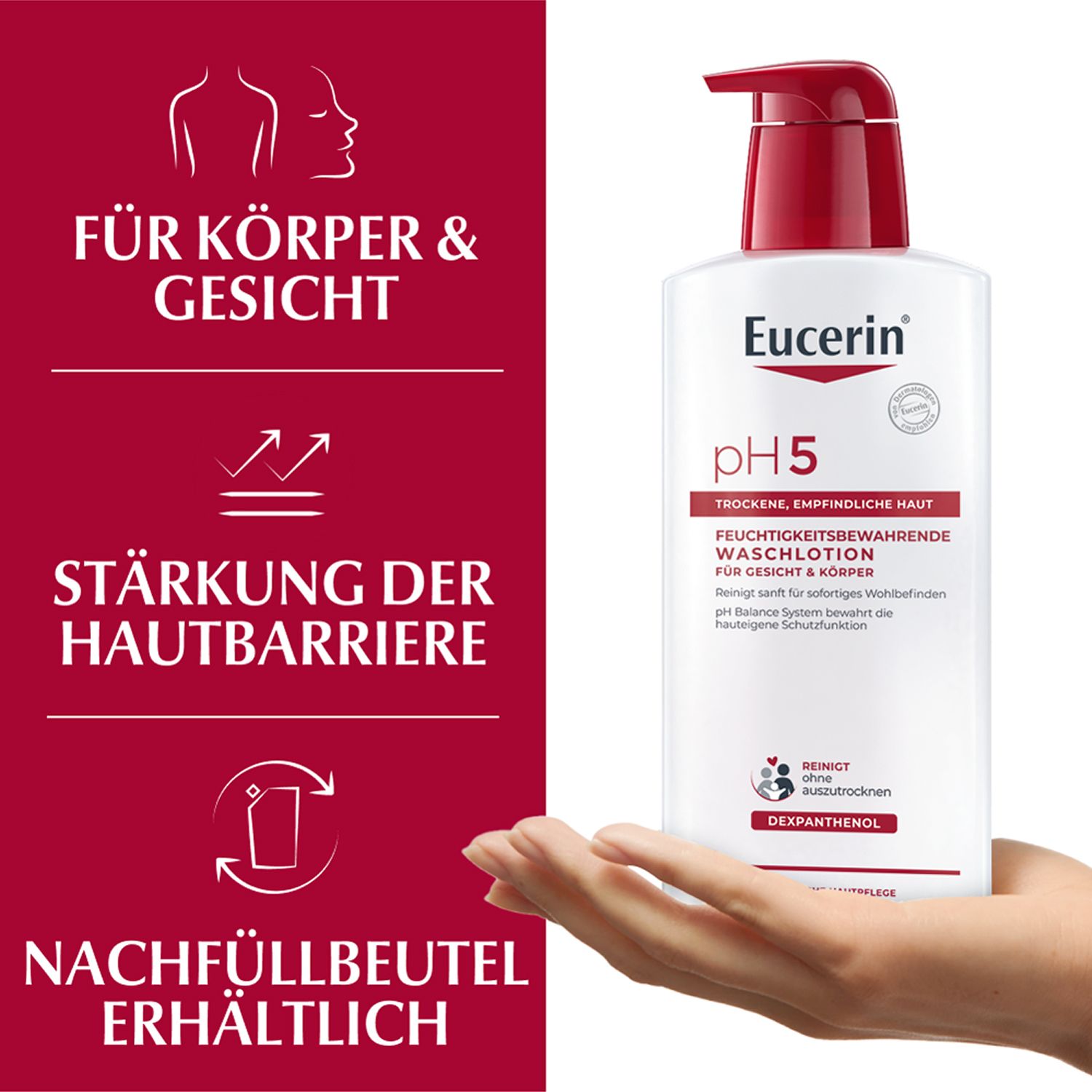 Eucerin® pH5 Waschlotion für Körper, Gesicht und Hände  – bietet empfindlicher und trockener Haut eine milde Reinigung & bewahrt die Schutzfunktion der Haut