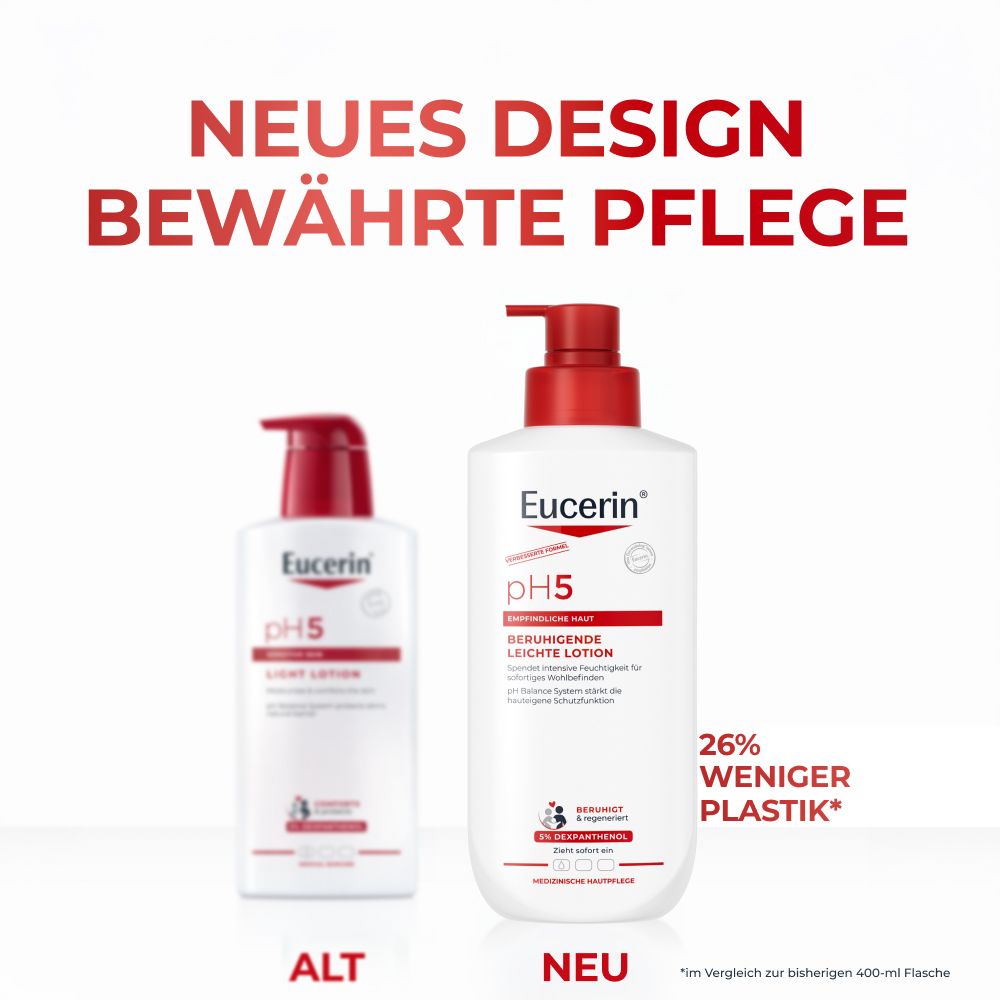 Vergleich von alter und neuer Eucerin pH5 Lotion-Verpackung, mit Hinweis auf weniger Plastik.