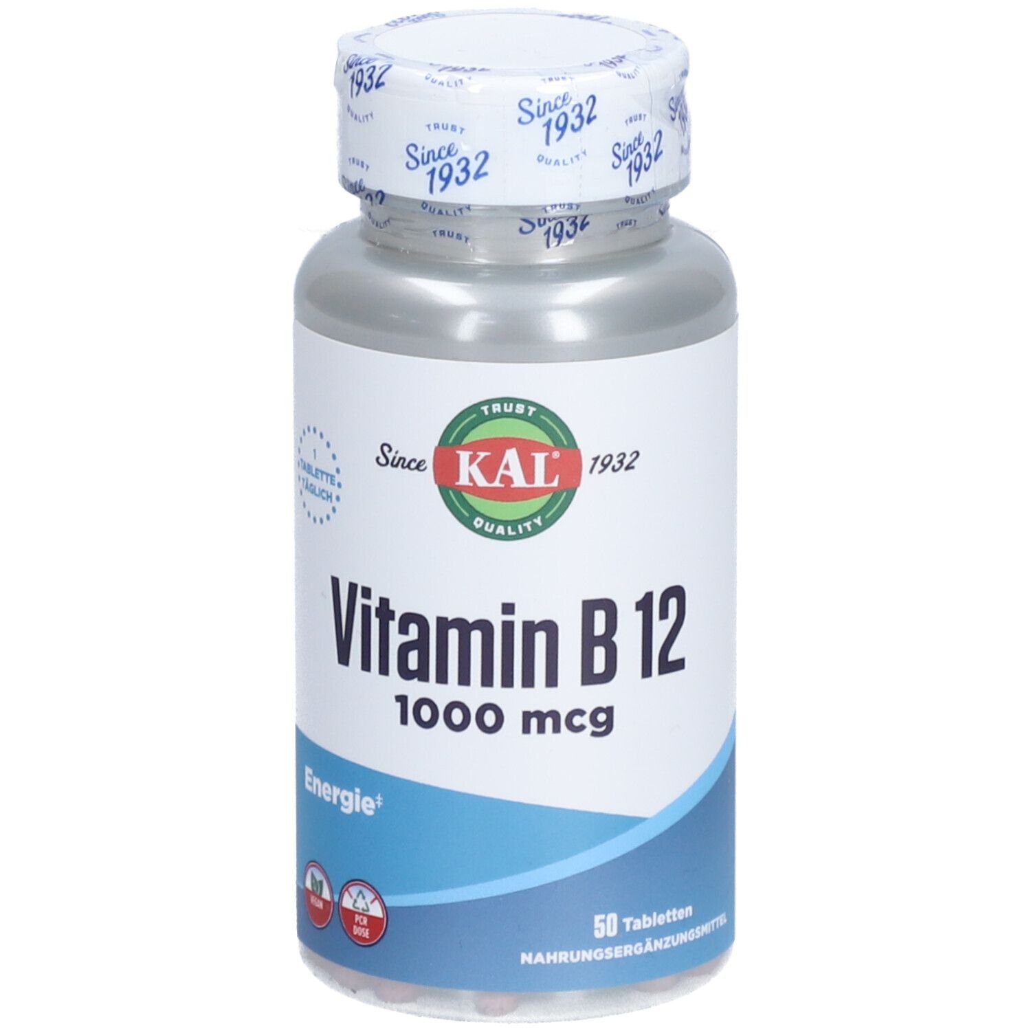 Flasche mit weißem Etikett. Aufschrift: Vitamin B12 1000 mcg, 50 Tabletten. Marke: KAL.