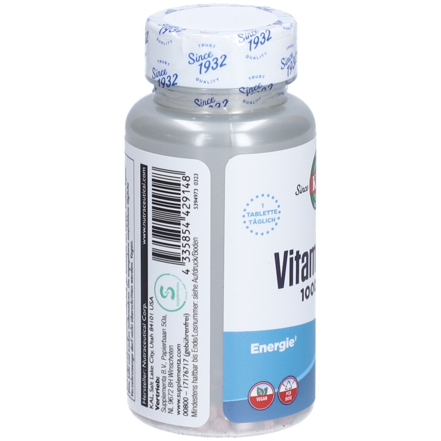 Flasche mit weißem Etikett. Aufschrift: Vitamin B12 1000 mcg, 50 Tabletten. Marke: KAL.