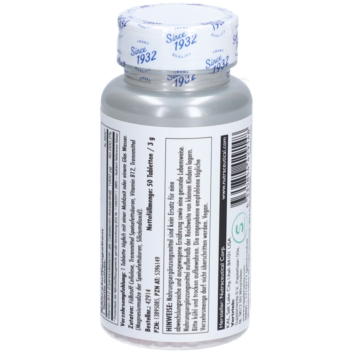 Flasche mit weißem Etikett. Aufschrift: Vitamin B12 1000 mcg, 50 Tabletten. Marke: KAL.