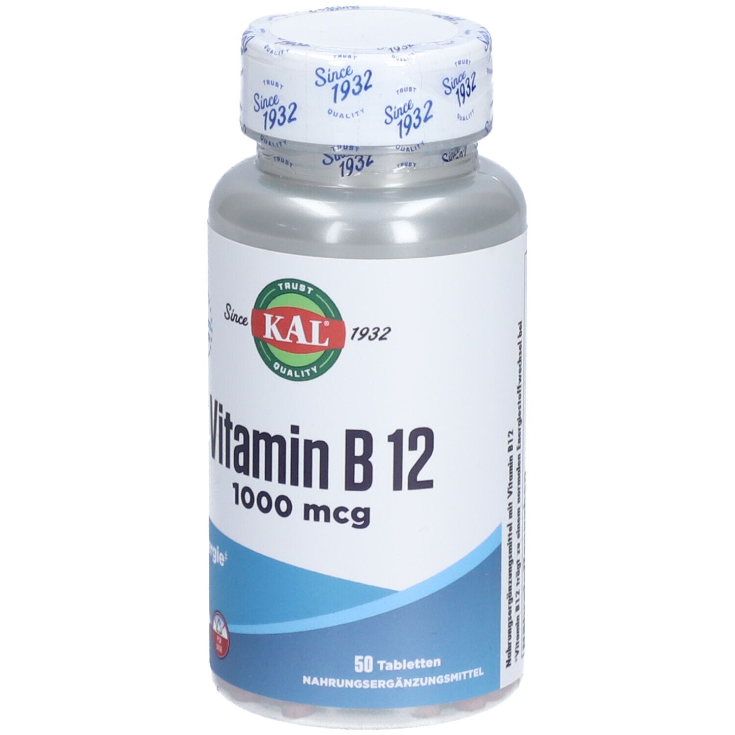 Flasche mit weißem Etikett. Aufschrift: Vitamin B12 1000 mcg, 50 Tabletten. Marke: KAL.