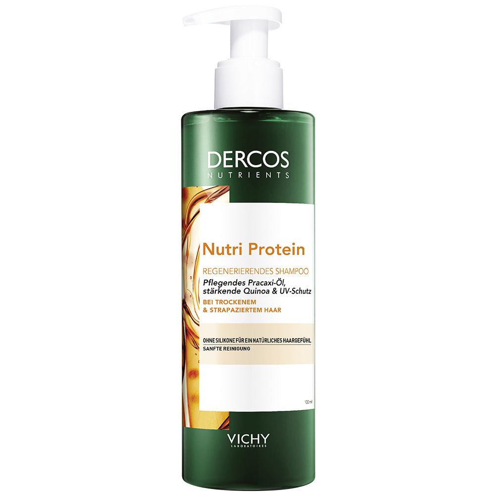 Grüne Flasche mit weißem Pumpkopf. Aufschrift: Dercos Nutri Protein Shampoo. Enthält Pracaxi-Öl, Quinoa & UV-Schutz.