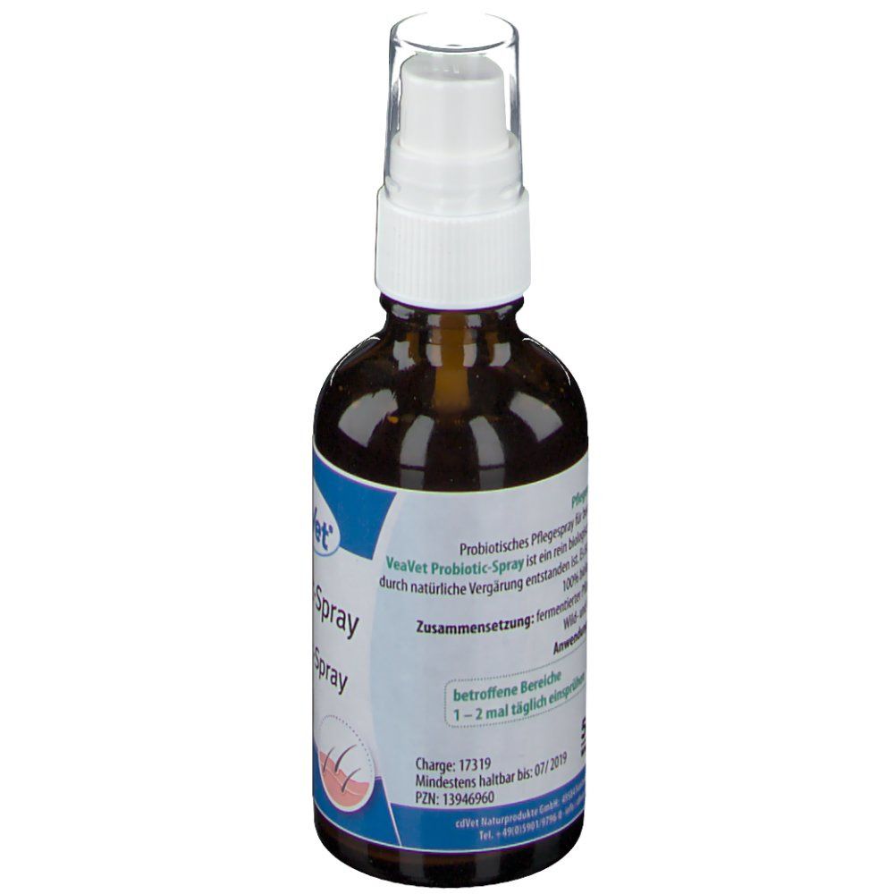 Braune Flasche mit weißem Sprühkopf. Aufschrift: VeaVet Probiotic-Spray. Text und Chargennummer.