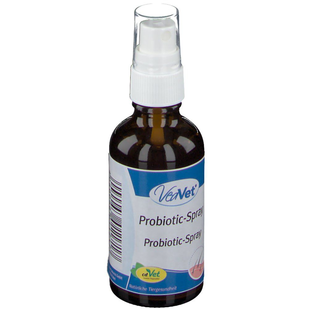 Braune Flasche mit weißem Sprühkopf. Aufschrift: VeaVet Probiotic-Spray. Logo: cd Vet. Für Tiere.