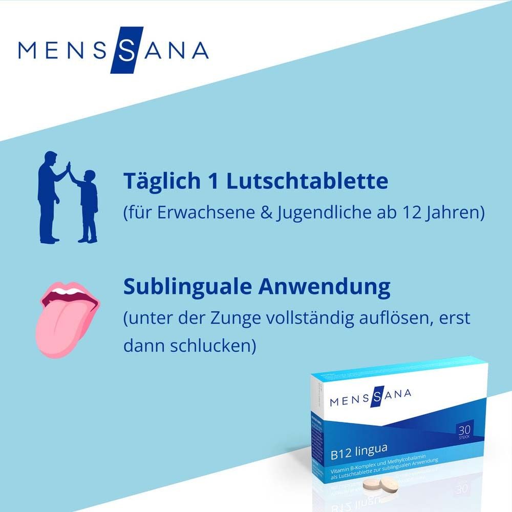 Text: Täglich 1 Lutschtablette. Sublinguale Anwendung. Schachtel B12 lingua. 30 Stück. Zunge-Symbol.