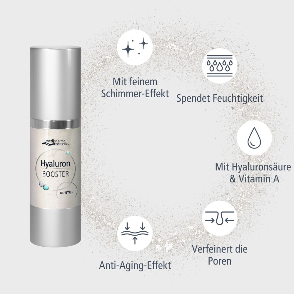 Flacon avec icônes. Icônes: effet scintillant, hydrate, acide hyaluronique & vitamine A, anti-âge, affine les pores.