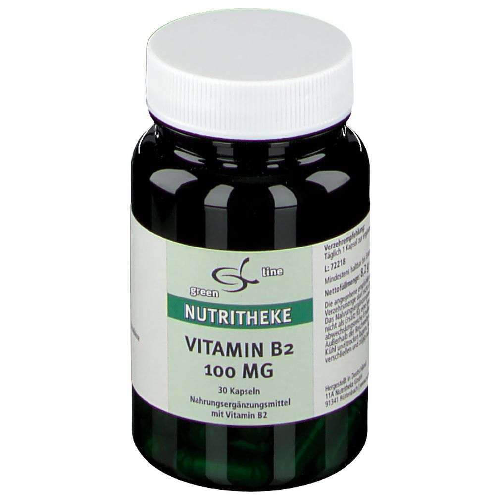 Grüne Flasche mit weißem Deckel. Aufkleber mit "green line NUTRITHEKE Vitamin B2 100 mg". 30 Kapseln. Nahrungsergänzungsmittel.