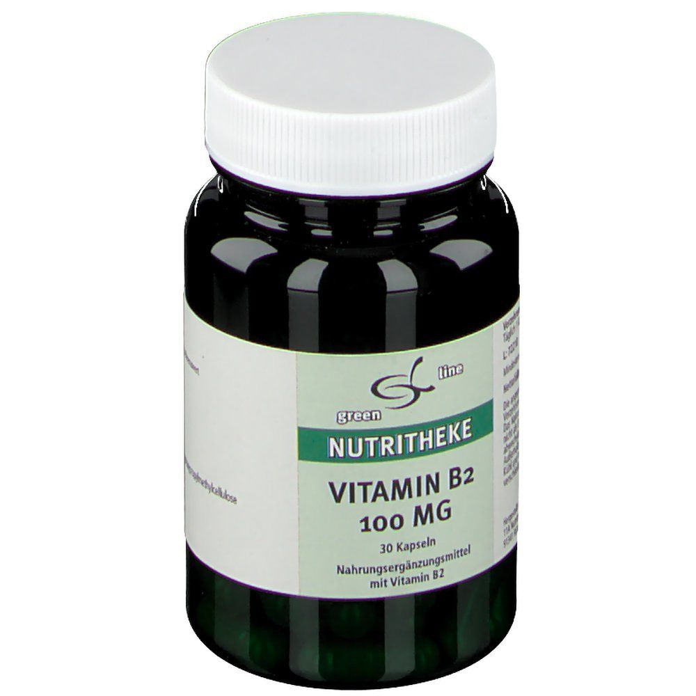 Grüne Flasche mit weißem Deckel. Aufkleber mit "green line NUTRITHEKE Vitamin B2 100 mg". 30 Kapseln. Nahrungsergänzungsmittel.