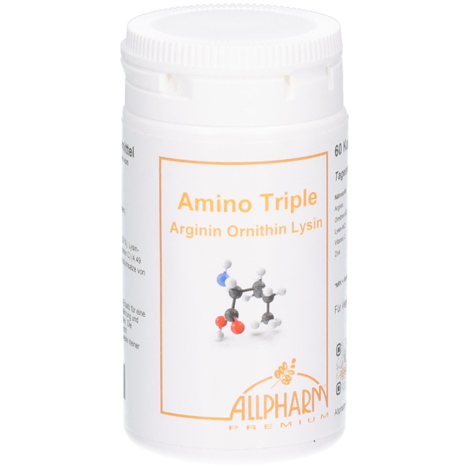 Weiße Dose mit Allpharm Amino Triple Kapseln. Enthält Arginin, Ornithin, Lysin.