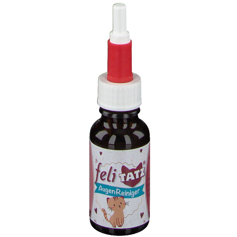 Braune Flasche mit rotem und weißem Applikator. Aufschrift: feliTATZ AugenReiniger. Abbildung einer Katze.