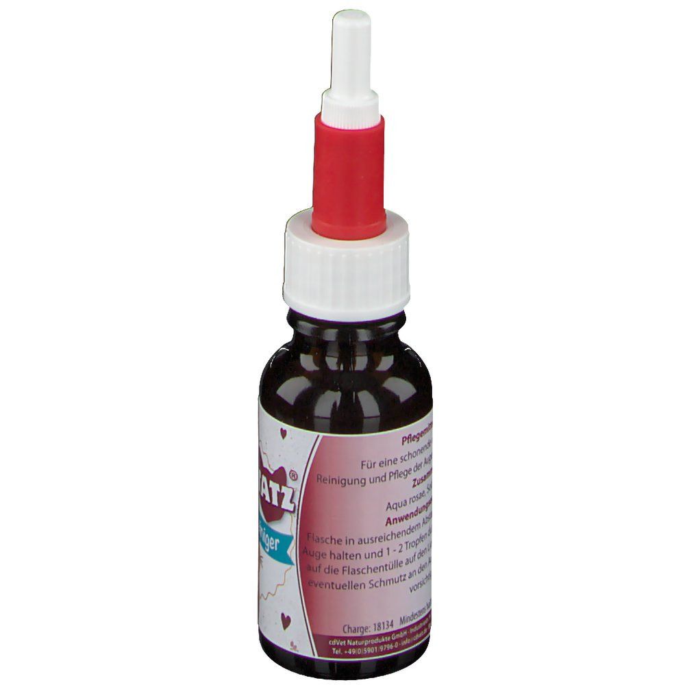 Braune Flasche mit rotem und weißem Applikator. Aufschrift: feliTATZ AugenReiniger. Text auf Etikett.
