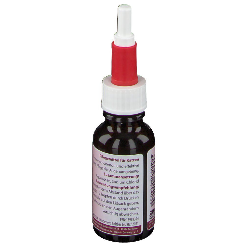 Braune Flasche mit rotem und weißem Applikator. Text auf Etikett mit Inhaltsstoffen und Anwendungshinweisen.
