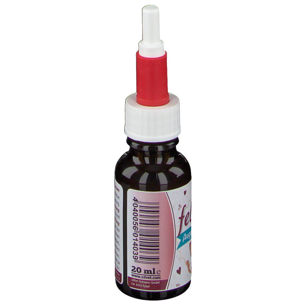 Braune Flasche mit rotem und weißem Applikator. Etikett mit Text und Barcode. Volumen: 20 ml.