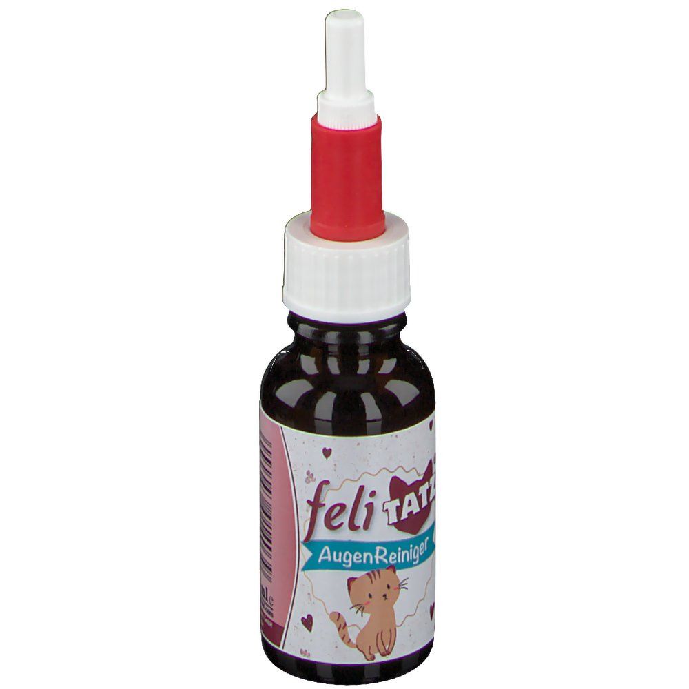 Braune Flasche mit rotem und weißem Applikator. Aufschrift: feliTATZ AugenReiniger. Abbildung einer Katze.