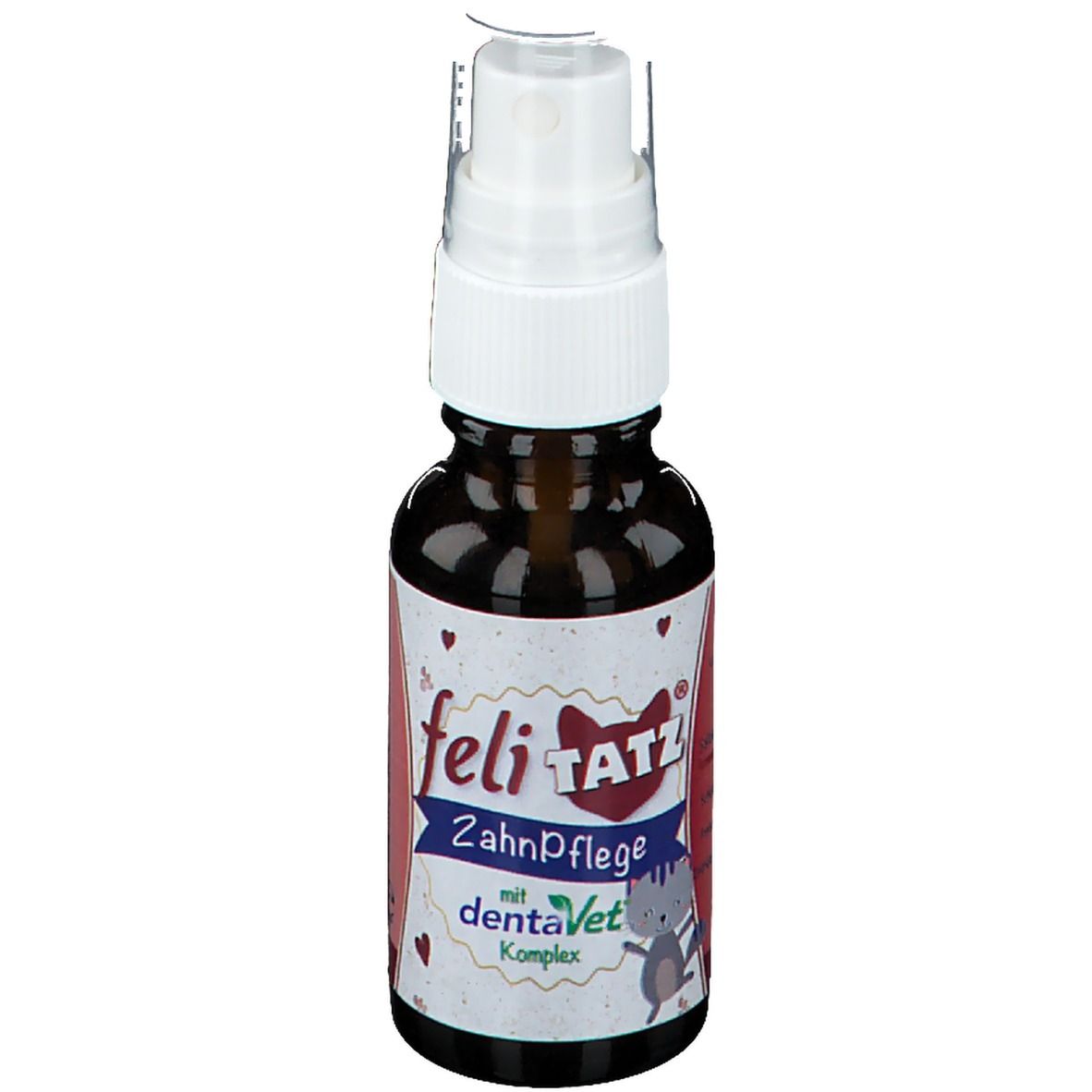 Braune Glasflasche mit Sprühkopf. Etikett mit "feliTATZ ZahnPflege" und "dentaVet Komplex".