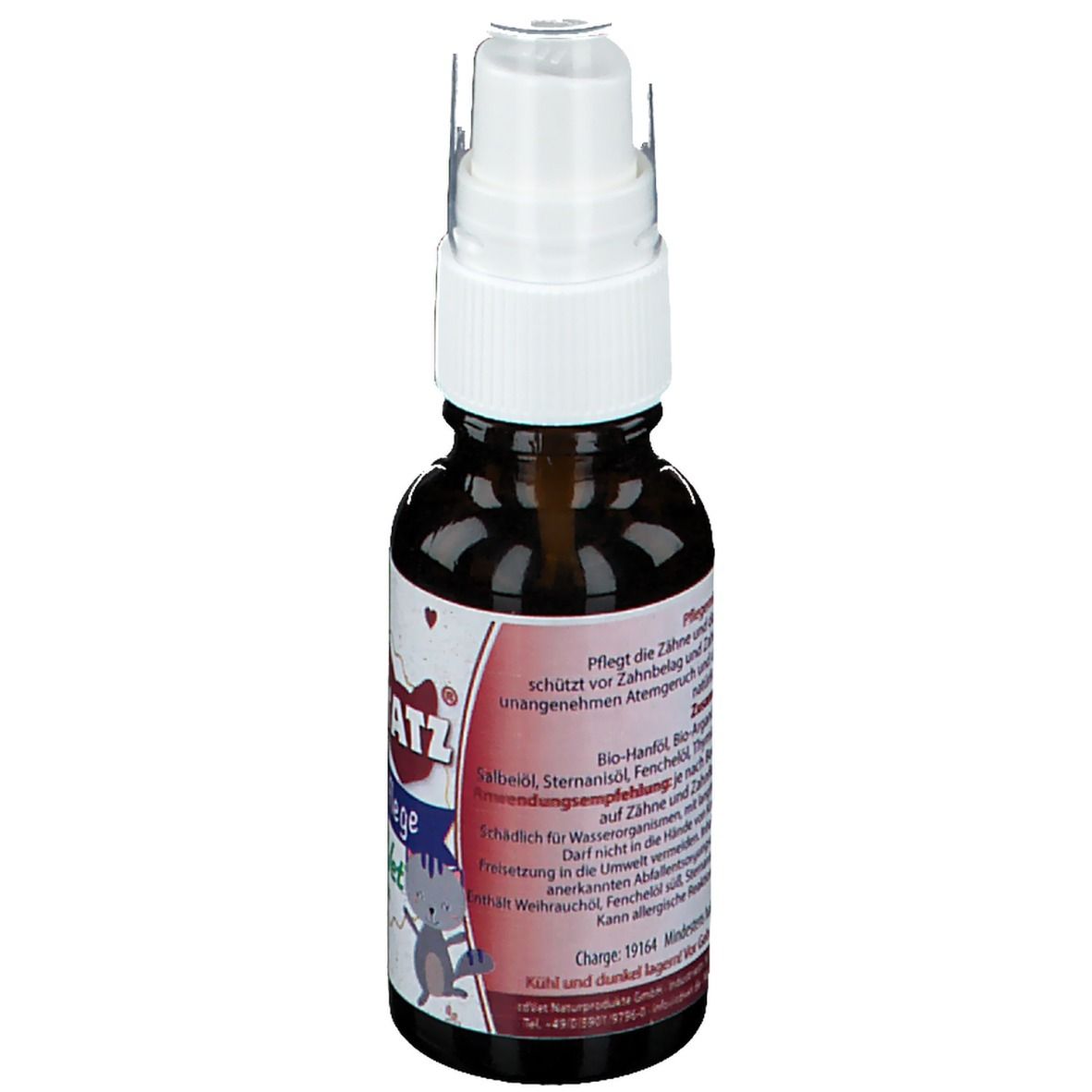 Braune Glasflasche mit Sprühkopf. Etikett mit Produktinformationen und Inhaltsstoffen. "feliTATZ ZahnPflege".