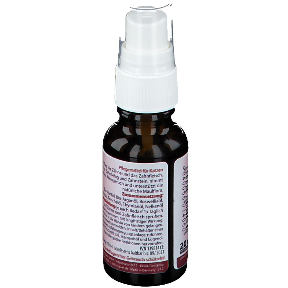 Braune Glasflasche mit Sprühkopf. Etikett mit Produktinformationen und Inhaltsstoffen. "feliTATZ ZahnPflege".