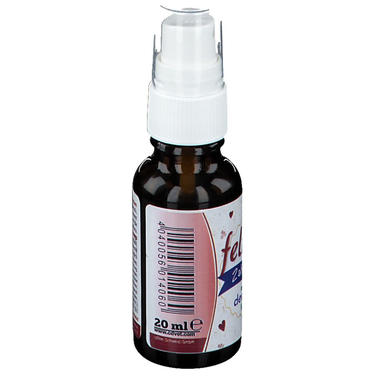 Braune Glasflasche mit Sprühkopf. Etikett mit "feliTATZ ZahnPflege" und 20 ml Volumen. Barcode.
