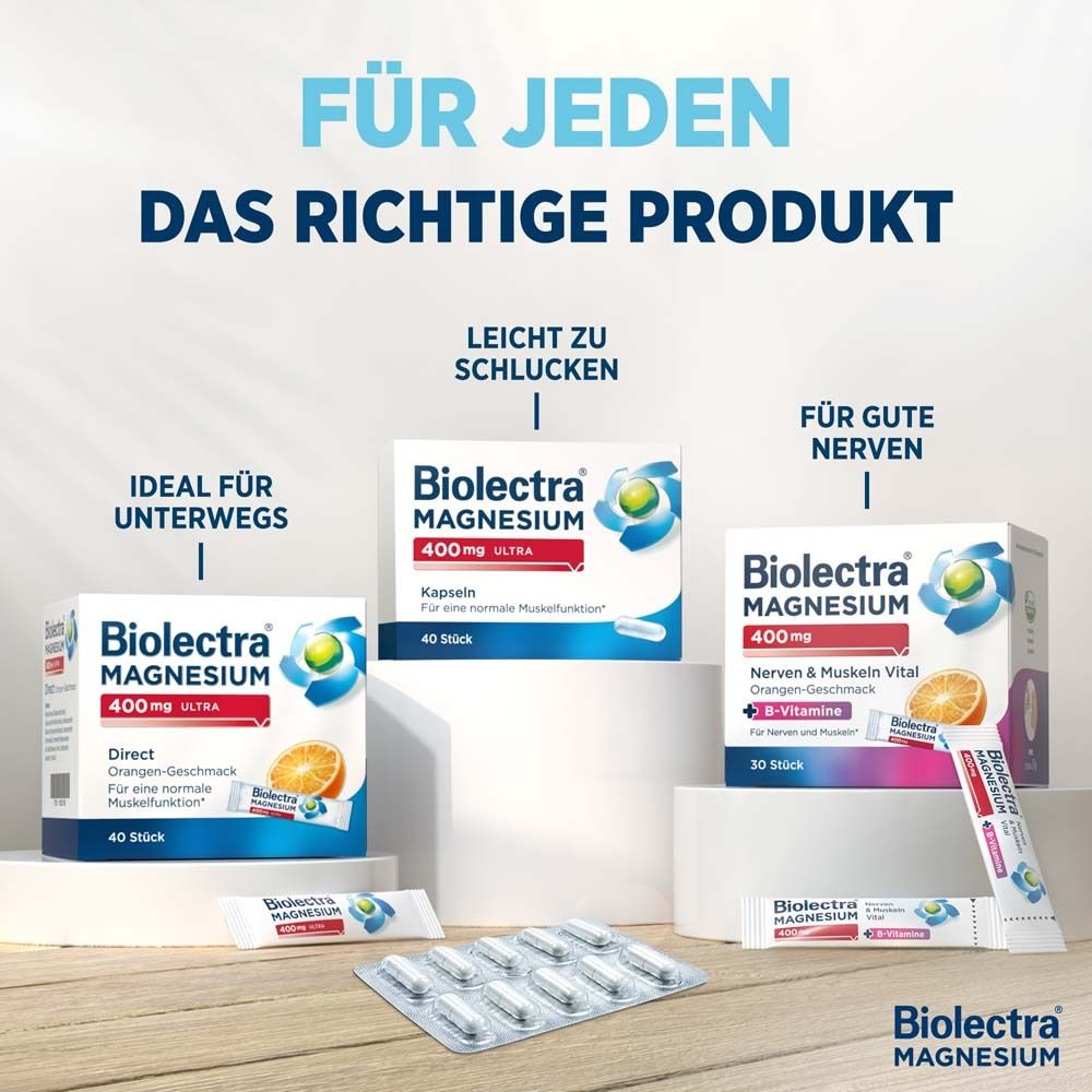 Verschiedene Biolectra Magnesium Produkte. Text: Für jeden das richtige Produkt. Kapseln, Direkt-Sticks, Trinkfläschchen. Biolectra Logo.