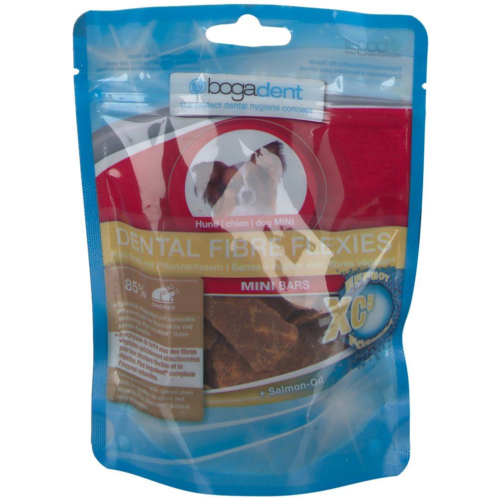 Emballage de bogadent® Dental Fibre Flexies pour chiens. Visible : nom du produit, Mini Bars, huile de saumon, 85% de viande.