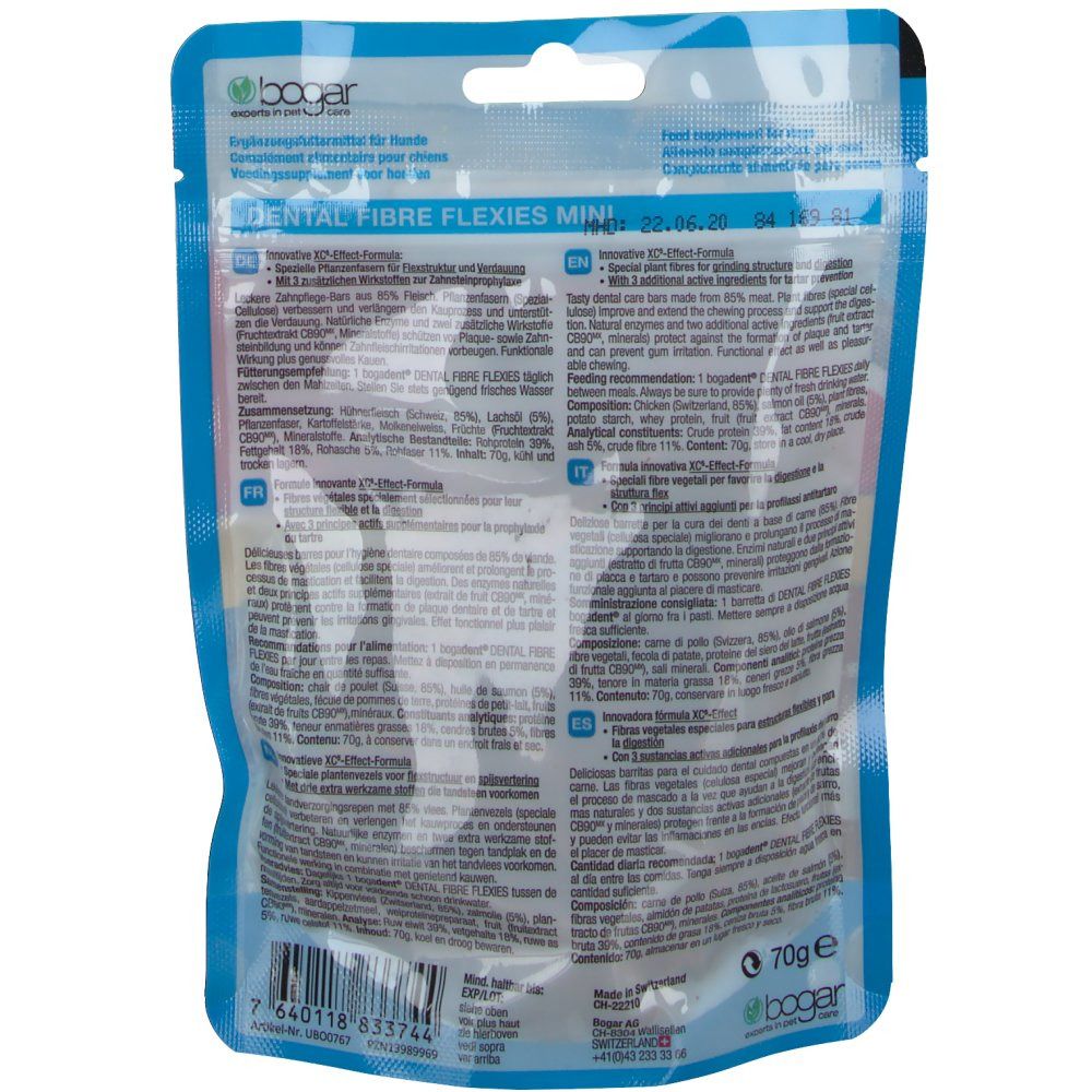 Dos de l'emballage de bogadent® Dental Fibre Flexies. Texte multilingue, ingrédients, informations nutritionnelles, 70g.