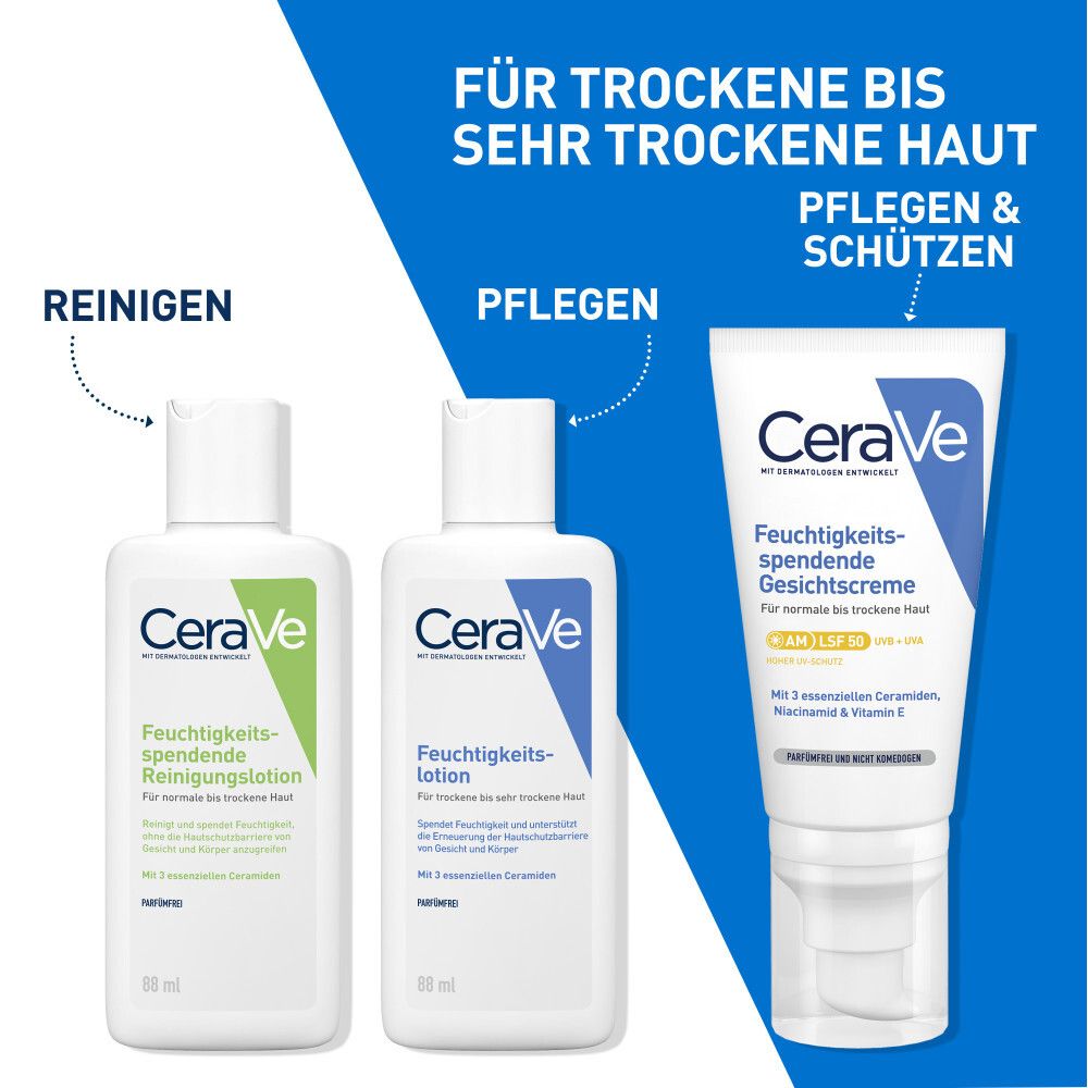 Drei CeraVe-Produkte: Reinigungs- und Feuchtigkeitslotion, Gesichtscreme. Text: Für trockene bis sehr trockene Haut.
