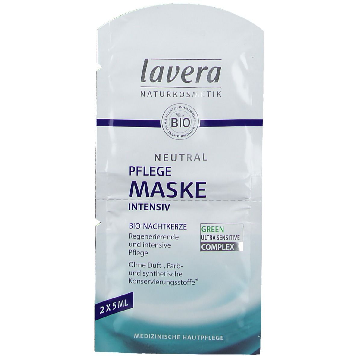 Paquet double lavera Neutral Pflegemaske intensiv. Emballage blanc avec informations et logo. 2x5ml.