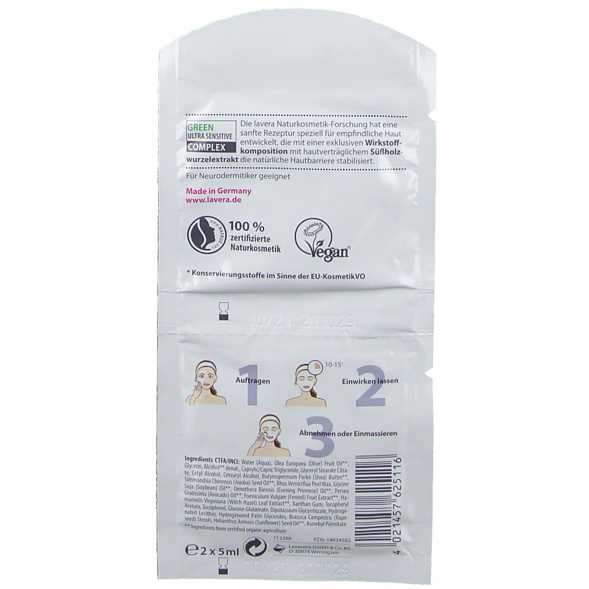 Dos du paquet double lavera Neutral Pflegemaske intensiv. Contient instructions et ingrédients. Label vegan.