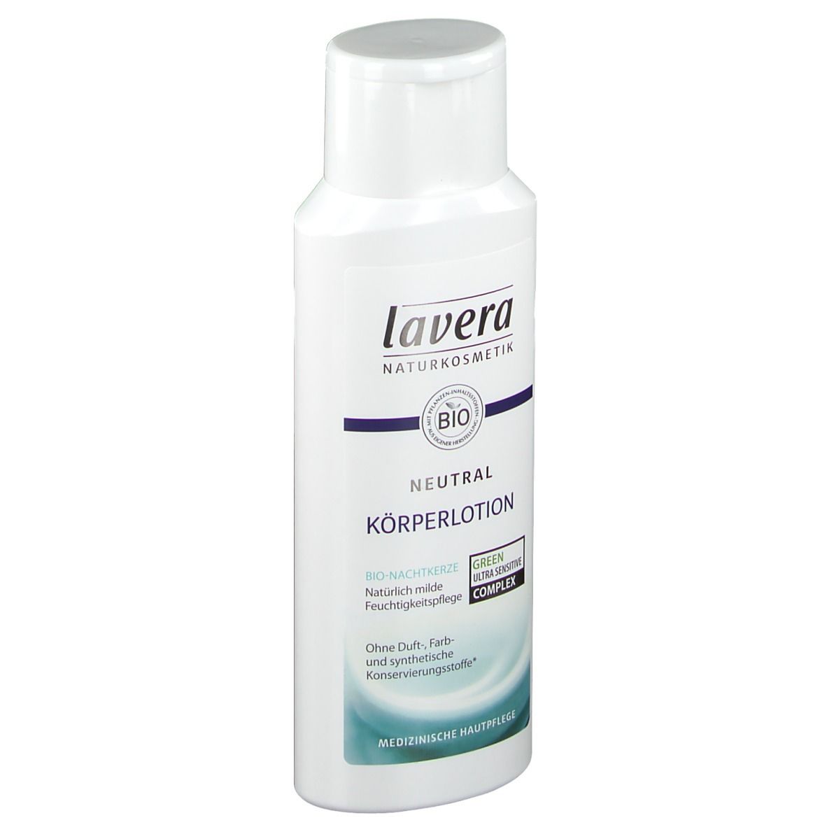 Weiße Flasche mit Klappverschluss. Aufschrift: lavera, BIO, Neutral Körperlotion. Grün-Label: Ultra Sensitive.