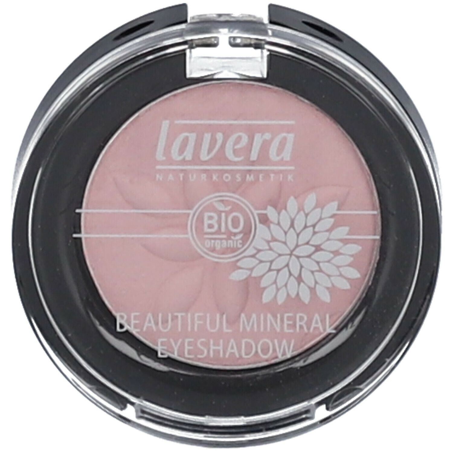 Fard à paupières en boîtier rond. Marque: lavera. Teinte rose. Inscription: BEAUTIFUL MINERAL EYESHADOW, BIO organic.