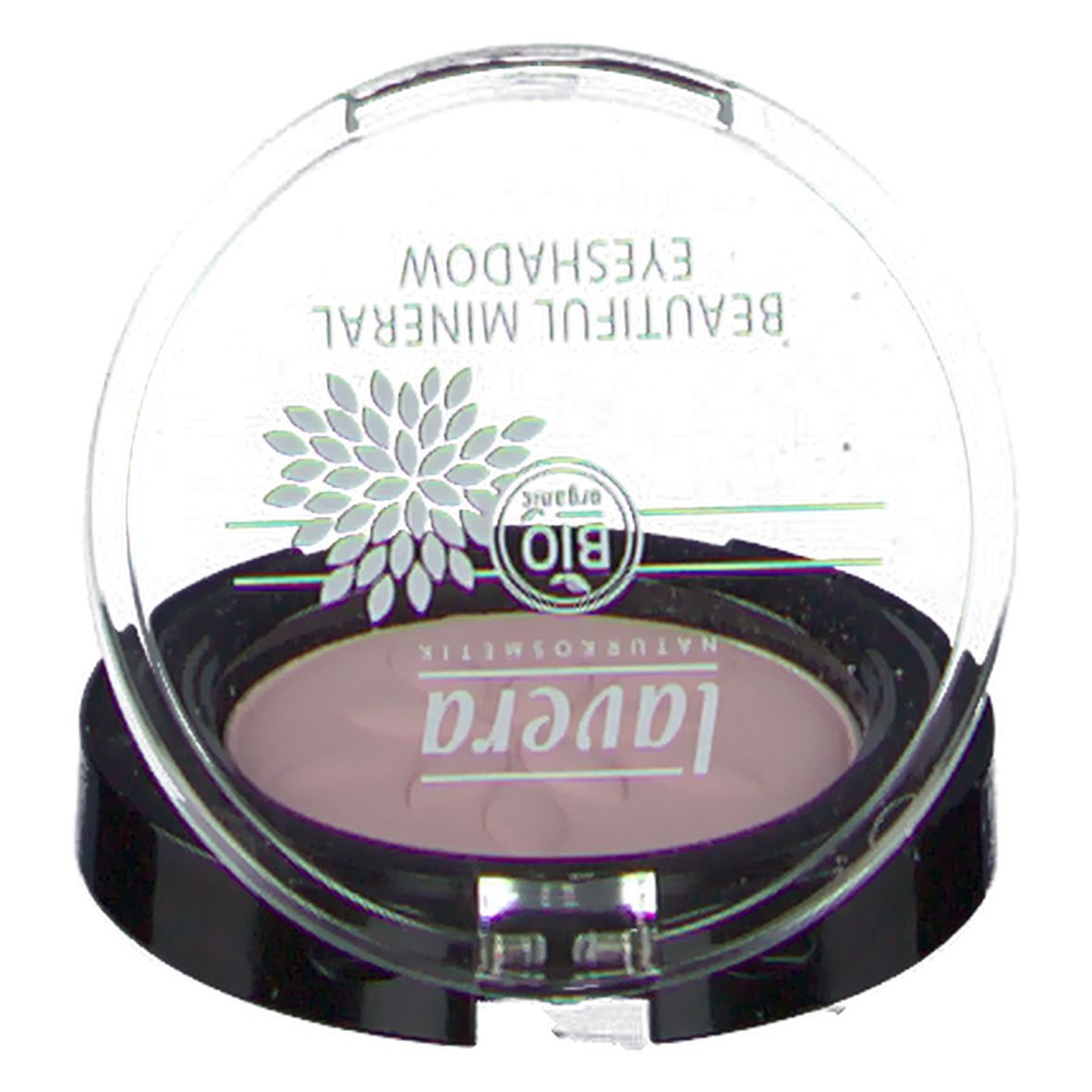 Fard à paupières en boîtier ouvert. Marque: lavera. Teinte rose. Inscription: BEAUTIFUL MINERAL EYESHADOW, BIO organic.