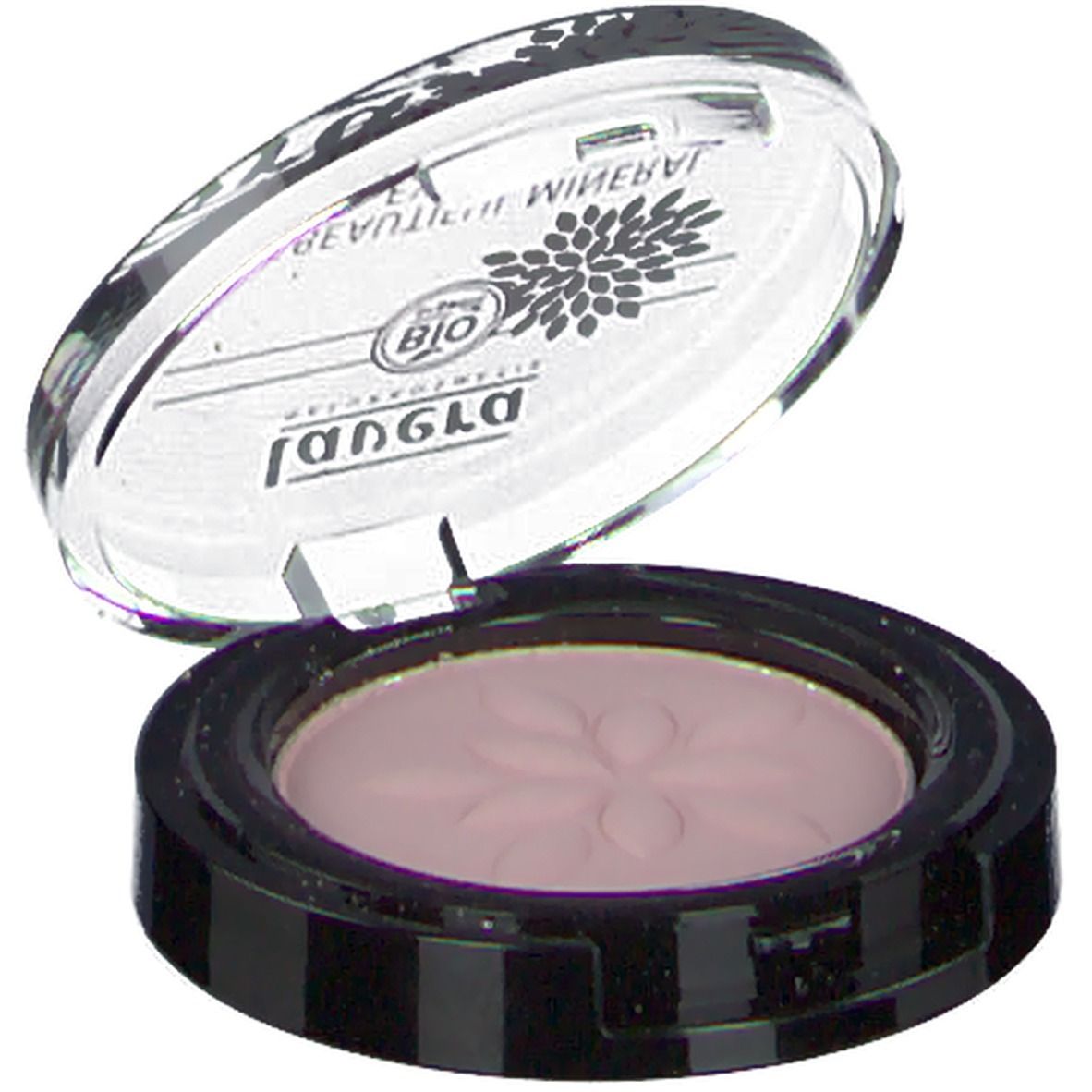 Boîtier de fard à paupières ouvert. Teinte rose. Inscription: BEAUTIFUL MINERAL EYESHADOW, BIO organic. Bord noir.