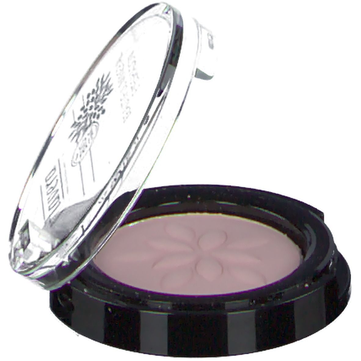 Boîtier de fard à paupières ouvert. Teinte rose. Inscription: BEAUTIFUL MINERAL EYESHADOW, BIO organic. Bord noir.
