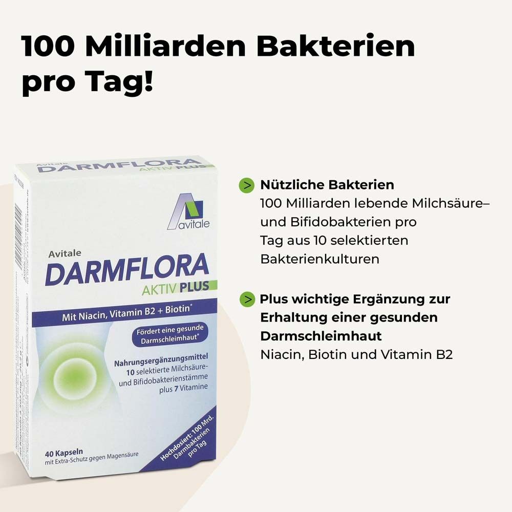 Texte : 100 milliards de bactéries par jour ! Emballage du produit Avitale Darmflora Aktiv Plus.