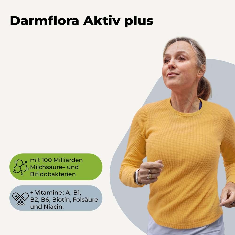 Femme faisant du jogging. Texte: Darmflora Aktiv plus, 100 milliards de bactéries.
