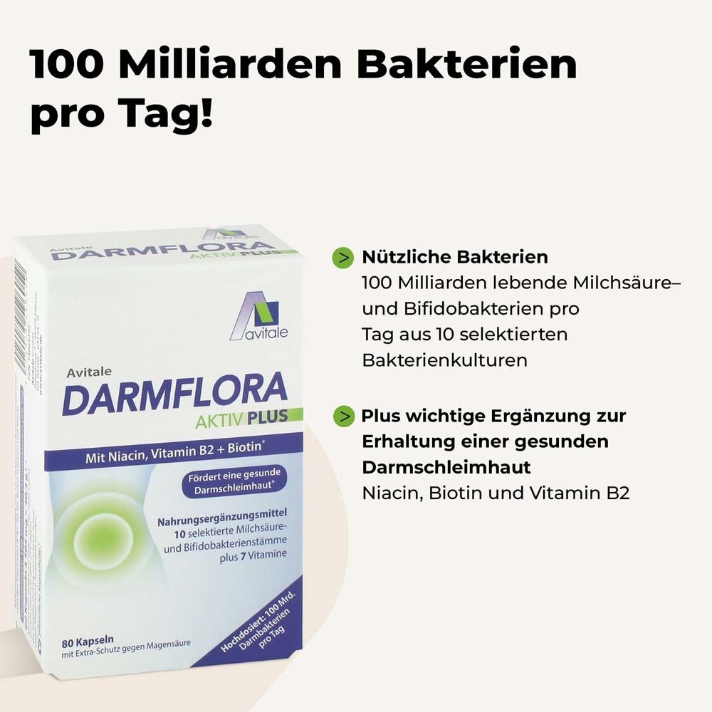 Texte: 100 milliards de bactéries par jour ! Image du produit: Avitale Darmflora Aktiv Plus.