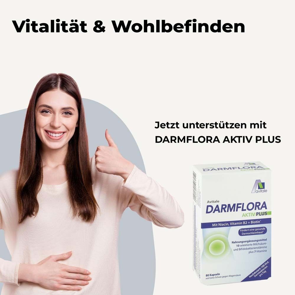 Femme avec le pouce levé. Image du produit: Avitale Darmflora Aktiv Plus. Texte: Vitalité & Bien-être.