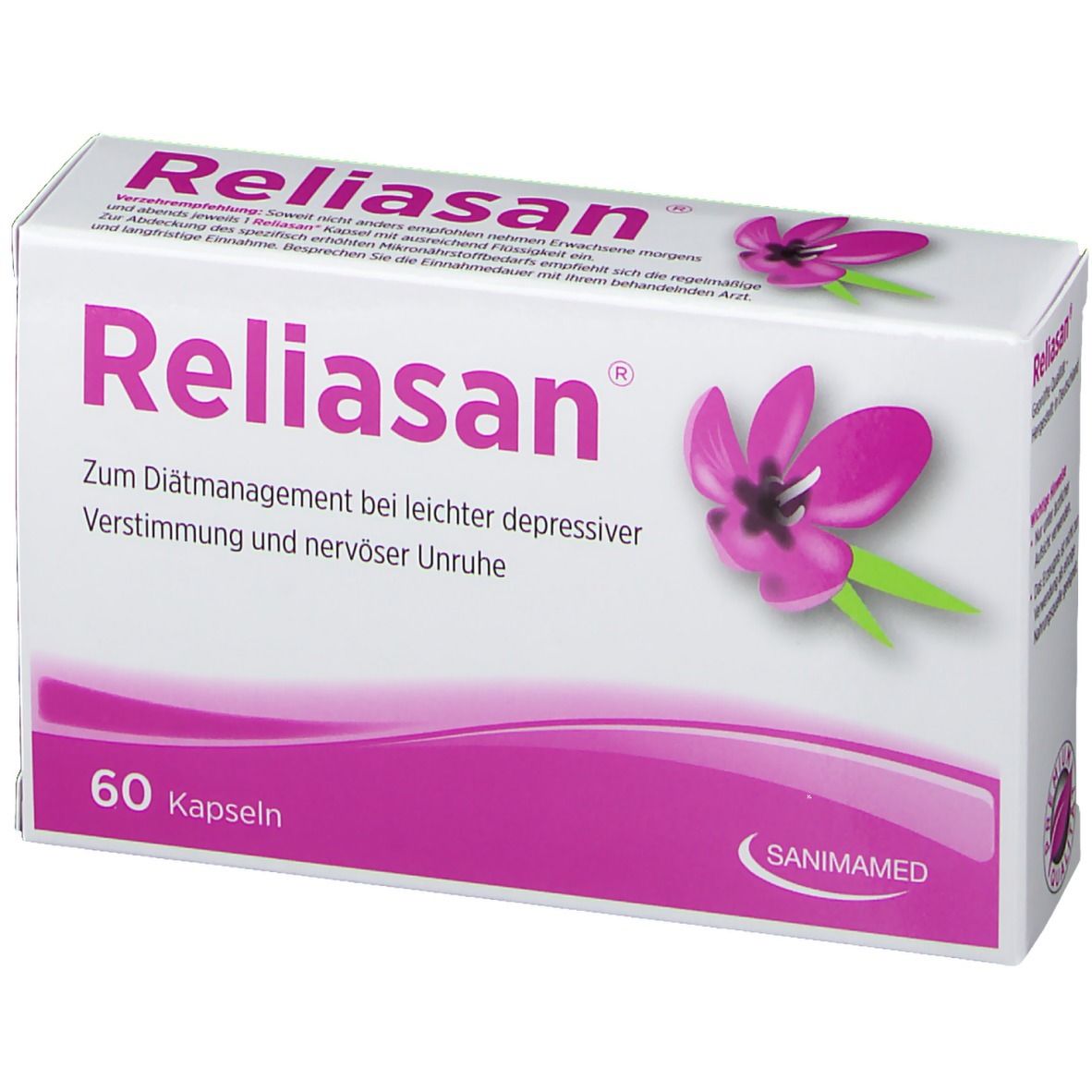 Weiße "Reliasan"-Verpackung mit Text: Zum Diätmanagement bei leichter depressiver Verstimmung und nervöser Unruhe. 60 Kapseln.