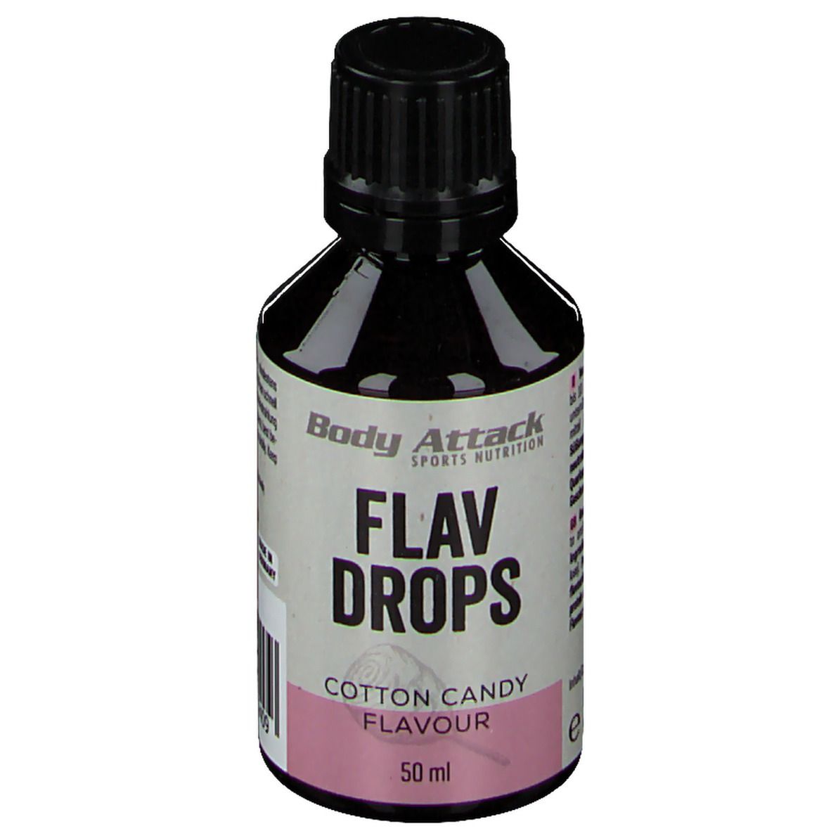 Flav Drops Cotton Candy. Bouteille avec bouchon noir. Inscription: Body Attack, Flav Drops, Cotton Candy Flavour, 50 ml.