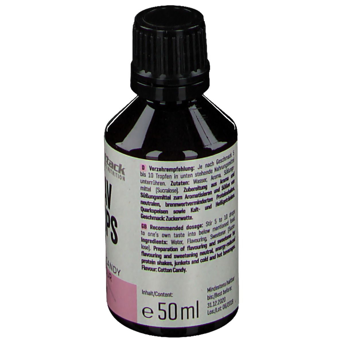 Flav Drops Cotton Candy. Dos de la bouteille. Texte: Recommandations, ingrédients, contenu, à consommer de préférence avant. 50 ml.