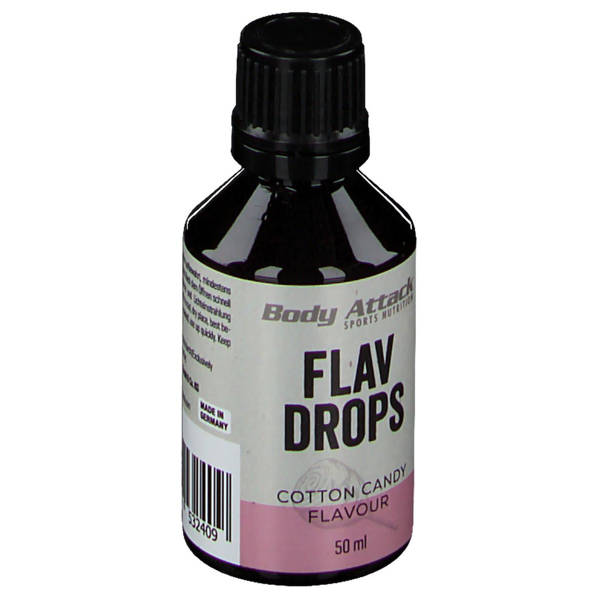 Flav Drops Cotton Candy. Bouteille avec bouchon noir. Inscription: Body Attack, Flav Drops, Cotton Candy Flavour, 50 ml. Code-barres.