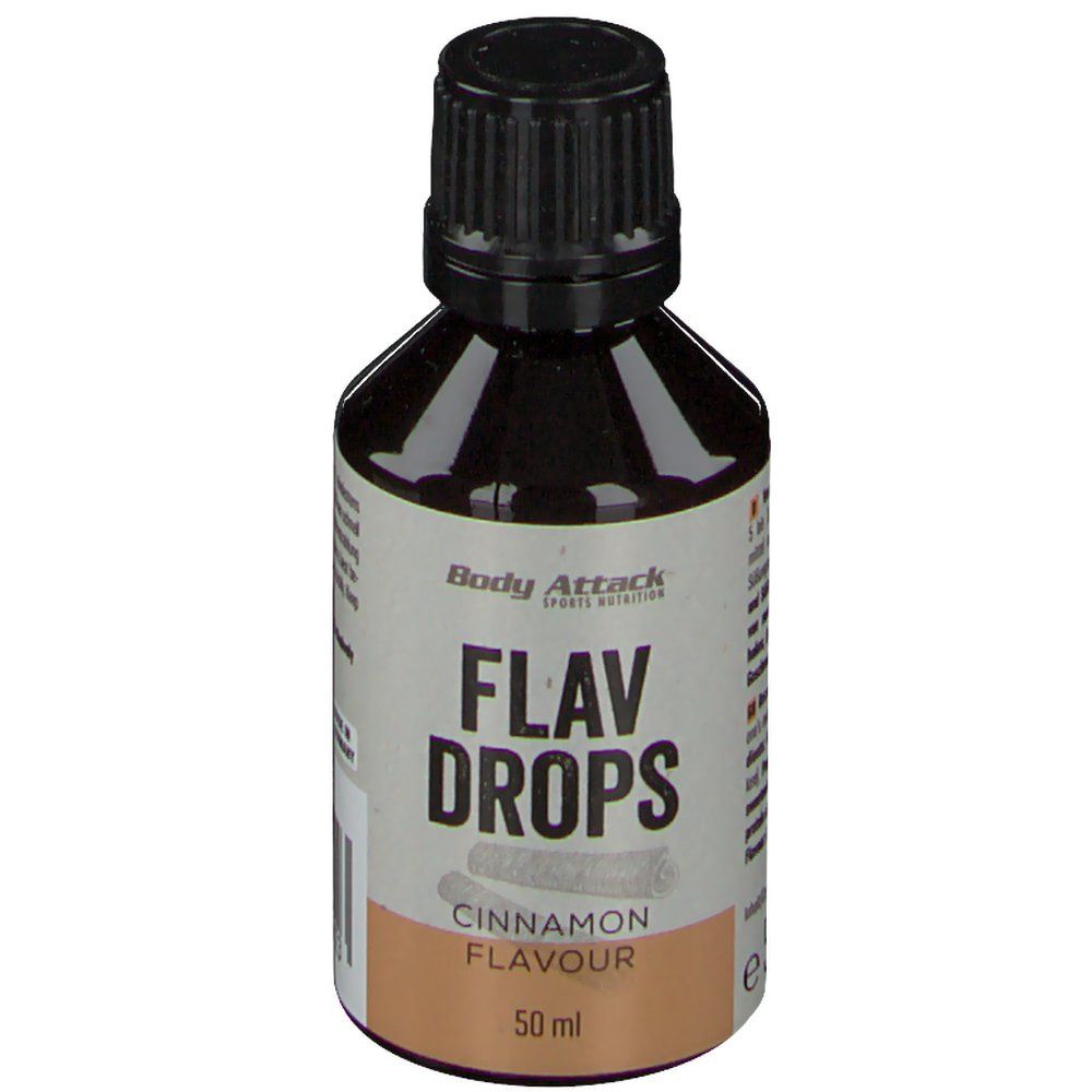 Braune Flasche mit schwarzem Deckel. Aufschrift: Flav Drops, Cinnamon Flavour, 50 ml. Marke: Body Attack.