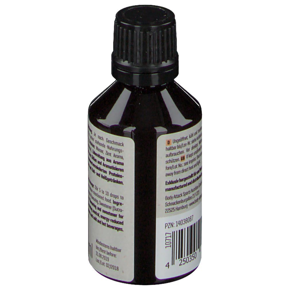 Rückseite der braunen Flasche mit schwarzem Deckel. Text über Haltbarkeit und Herstellerinformationen. PZN und Barcode.