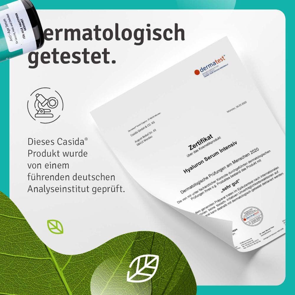 Certificat. Casida Hyaluron Serum Intensiv. Testé dermatologiquement. Testé par un institut d'analyse allemand. Très bien.
