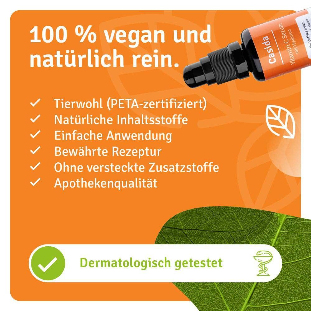 Fond orange avec texte et coches. Texte: 100% végétalien et naturellement pur. Testé dermatologiquement.