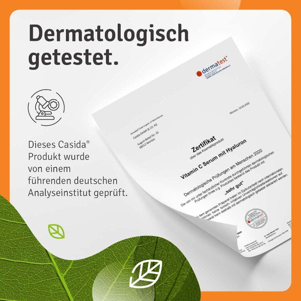 Certificat avec texte. Texte: Testé dermatologiquement. Ce produit Casida a été testé par un institut d'analyse allemand.