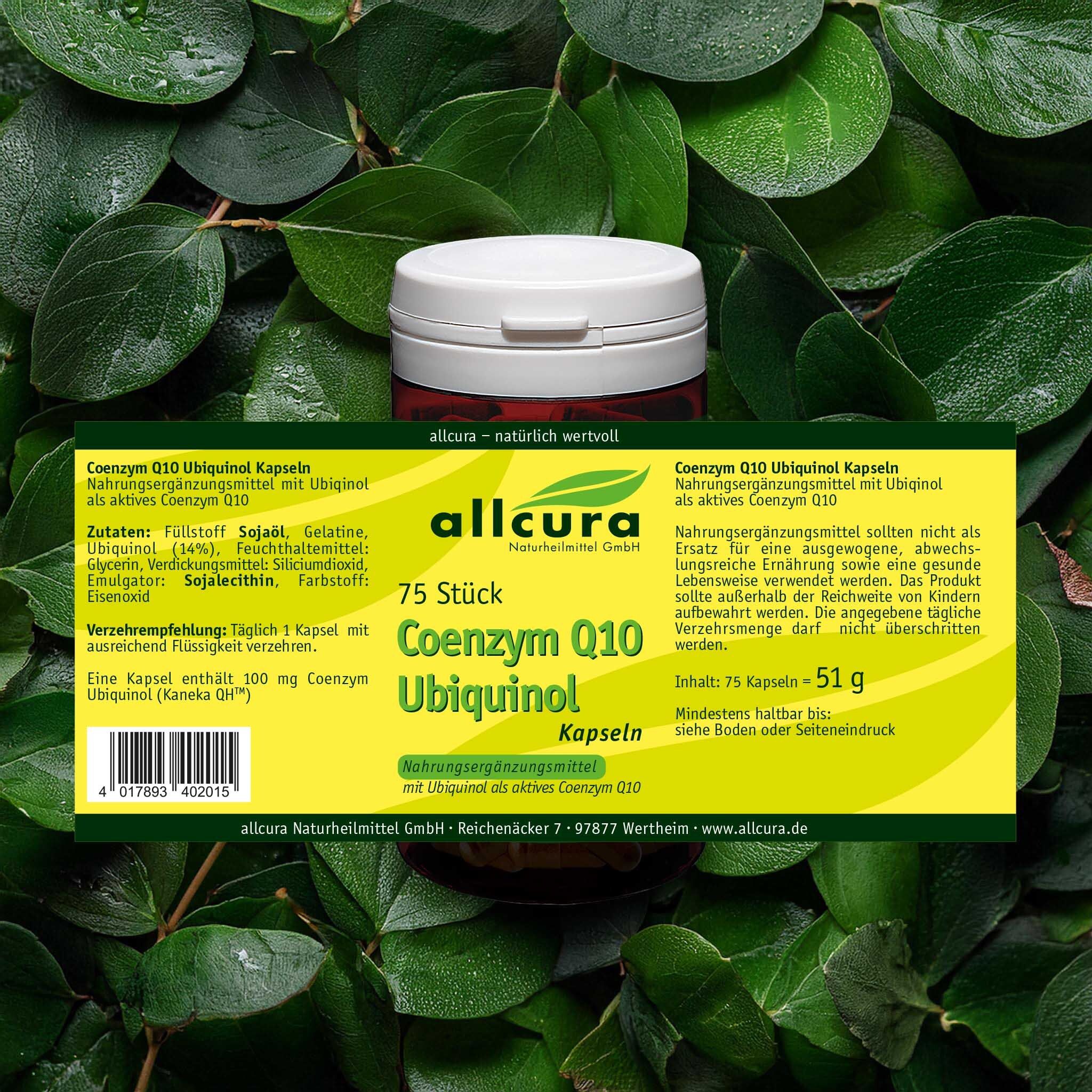 Boîte marron avec étiquette. Texte : allcura Coenzym Q10 Ubiquinol Kapseln. 75 pièces. Liste des ingrédients.