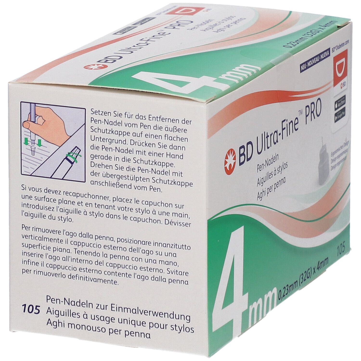 Boîte d'aiguilles pour stylos BD Ultra-Fine™ PRO. Inscription : 4 mm, 0,23 mm (32G) x 4 mm. 105 unités.